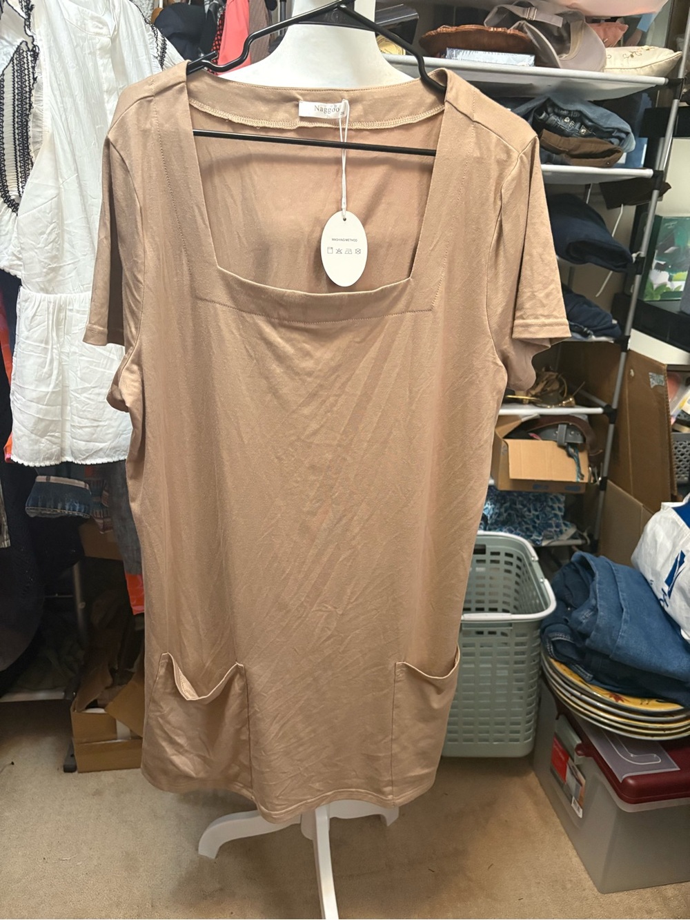 Women’s Square-Neck Short Sleeve Pocket dress- Beige